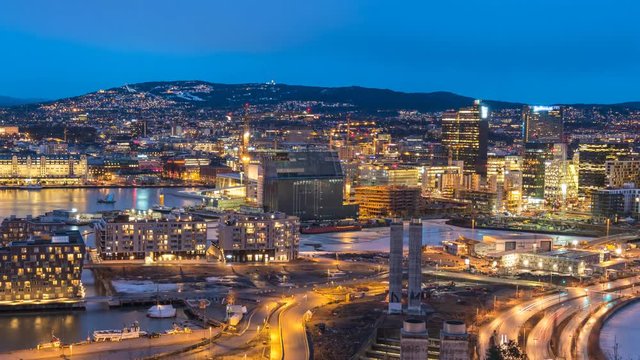 Oslo Norway time lapse 4K, aerial view city skyline day to night sunset timelapse at business district and Barcode Project