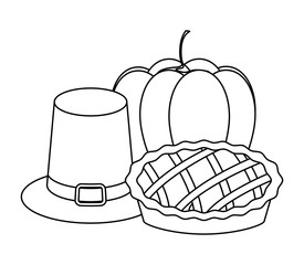 pilgrim hat with pumpkin and pie over white background, vector illustration