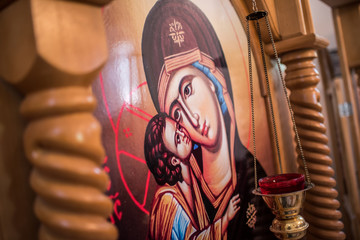 Ancient Orthodox icon showing Virgin Marry with baby Jesus © marinv