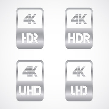 4K Ultra HD and HDR silver icon set. Vector illustration on white background