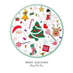 New year icon.Happy new year and merry christmas greeting card. Santa claus, Snow man, Light bulb, Candy