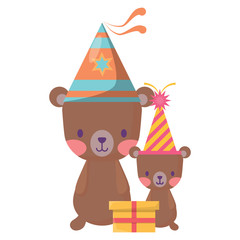 happy birthday design with cute bears with party hats over white background, vector illustration
