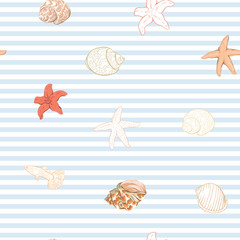 Sea world seamless pattern, background with fish, corals and shells on blue and white stripes background. Stock vector illustration. Colored and outline disign.