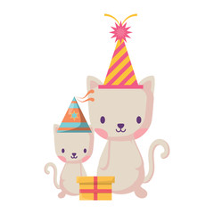 happy birthday design with cute cats with party hats over white background, vector illustration