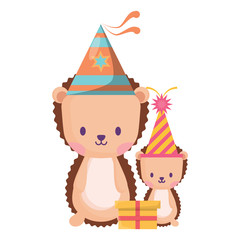 happy birthday design with cute porcupines with party hats over white background, vector illustration