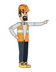 cartoon construction worker with safety vest and helmet over white background, vector illustration