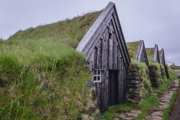 Fototapeta na wymiar Row of traditional turf houses in Keldur historical farm in Southern Iceland