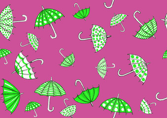 green umbrellas on pink background