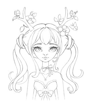 Hand drawn portrait of a beautiful young woman with two tails wearing floral antlers. Female portrait. Druid girl with a bow on her neck. Deer girl. Line art. Freehand sketch girl on white background.