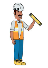 cartoon construction worker holding a spirit level over white background, vector illustration