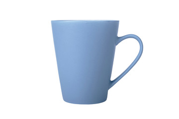 Blue cup in side view isolated on white background.