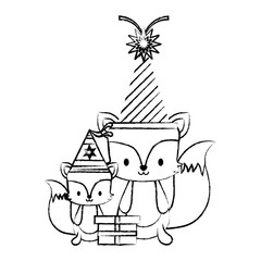 happy birthday design with cute foxes with party hats over white background, vector illustration