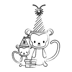 happy birthday design with cute monkeys with party hats over white background, vector illustration