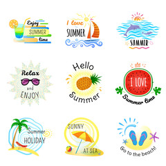 Vector illustrations for summer holiday, travel agency, sea and sun, beach vacation and party.