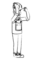 cartoon construction worker with safety vest and helmet over white background, vector illustration