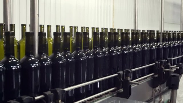 Bottling and sealing conveyor line at winery factory