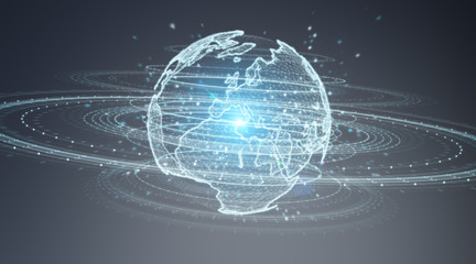 Globe network hologram with Europe map 3D rendering