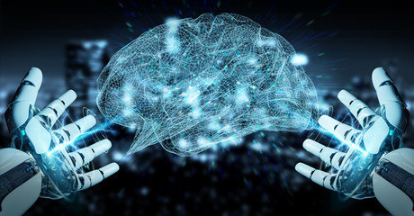 White humanoid hanid creating artificial intelligence 3D rendering