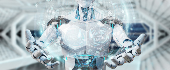 White male cyborg using digital chart interface 3D rendering