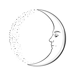 Waxing Crescent Moon with a face of handsome young man. Hand drawn vector illustration in vintage style