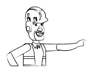 cartoon construction worker with safety vest and helmet over white background, vector illustration