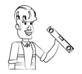 cartoon construction worker holding a spirit level over white background, vector illustration