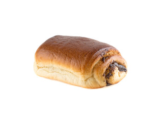 Homemade dough, roll with poppy filling isolated on white background