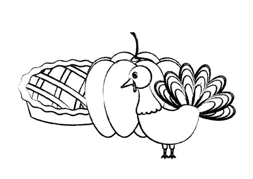 Turkey With Pumkin And Pie Over White Background, Vector Illustration