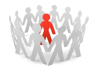 Paper People Standing in a Circle and One Red Paper Man Inside