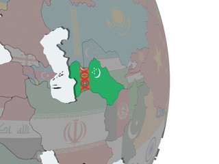 Turkmenistan with flag on globe