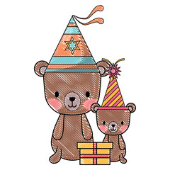 happy birthday design with cute bears with party hats over white background, vector illustration