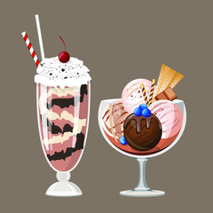 Ice cream and milk shake. Vector design of ice cream. Hand drawn cartoon illustration for the menu of cafes, shops or children's games