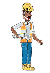 cartoon construction man holding a plans over white background, vector illustration