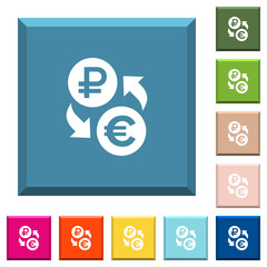Ruble Euro money exchange white icons on edged square buttons