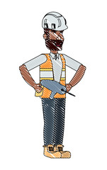 constrcution man holding a drill over white background, vector illustration