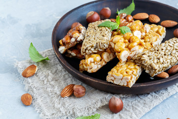 Bars with nuts and seeds in honey glaze.