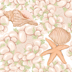 Sea world seamless pattern, background with fish, corals and shells on white background. Stock vector illustration.