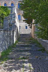 Italy, Cassano delle Murge,  Convent of Santuario S. Maria of Angeli. View and details,  stairway and altars