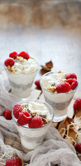 Raspberries and yogurt chia pudding parfait