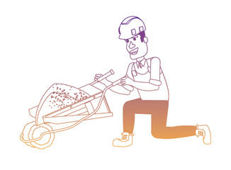 cartoon construction worker with wheelbarrow over white background, vector illustration