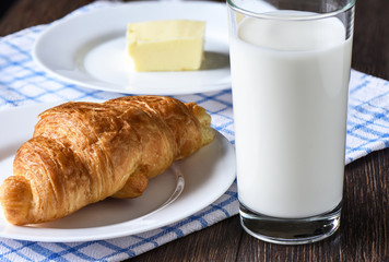 Morning. Croissant, butter and milk. Rustic style