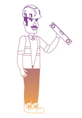 cartoon construction worker holding a spirit level over white background, vector illustration