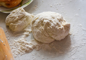 Ready-made dough for pasties and the flour on the table