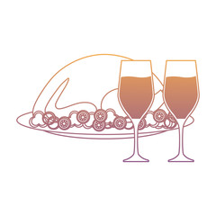 roasted turkey and champagne glasses over white background, vector illustration