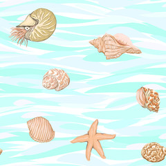 Obraz na płótnie Canvas Sea world seamless pattern, background with fish, corals and shells on blue sea background. Stock vector illustration.