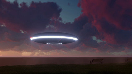 Fototapeta na wymiar 3d render UFO above the ocean 