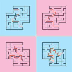 Set of abstract square labyrinths. A game for children. A simple flat vector illustration isolated on a colored background. With a place for your drawings. With the answer
