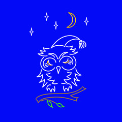 Owl on branch. Moon and stars.  Hand drawing .Vector illustration .