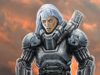 Astronaut heroine sketch in space suit.