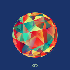 Abstract sphere textured by triangles on a blue background. Vector graphics